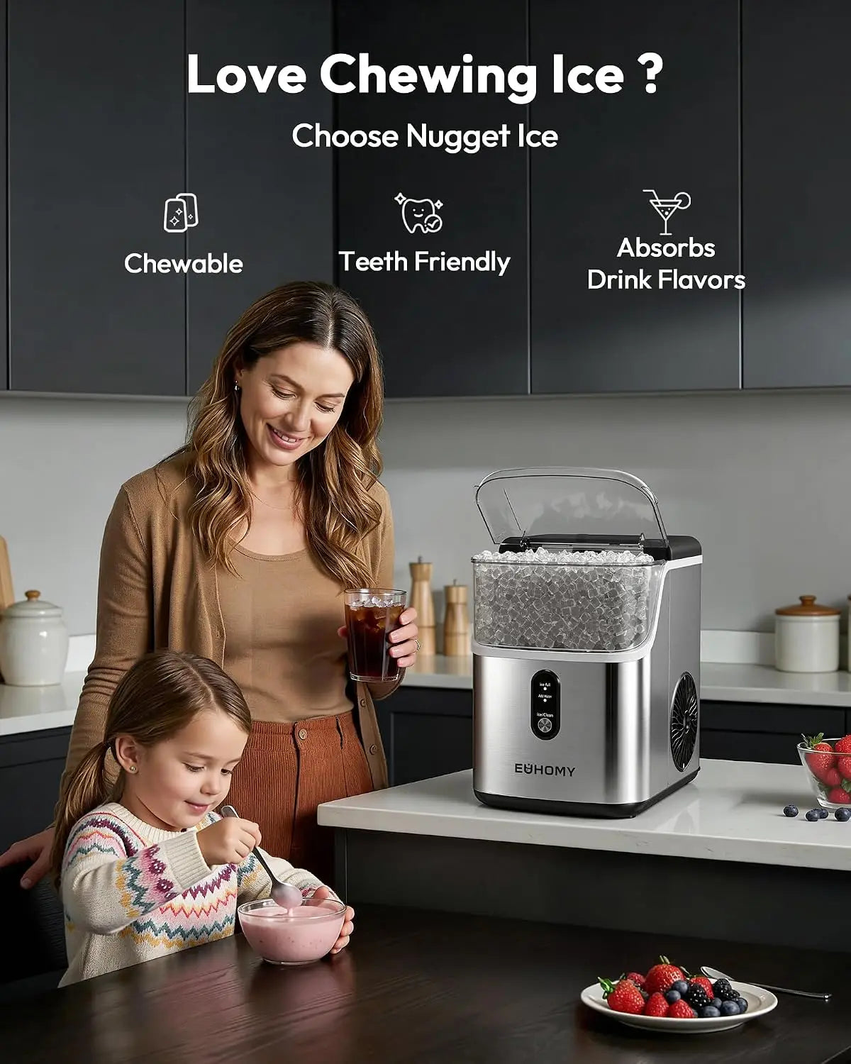 EUHOMY 35Lbs/24H Pebble Ice Maker, Ready in 7 Mins, Self-Cleaning, Stainless Steel