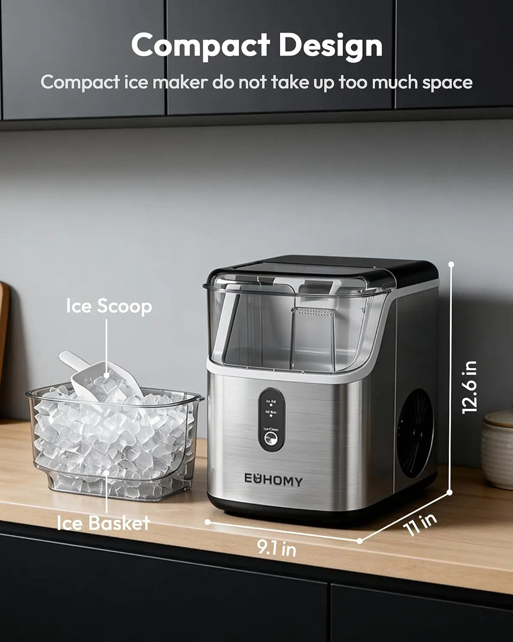 EUHOMY 35Lbs/24H Pebble Ice Maker, Ready in 7 Mins, Self-Cleaning, Stainless Steel