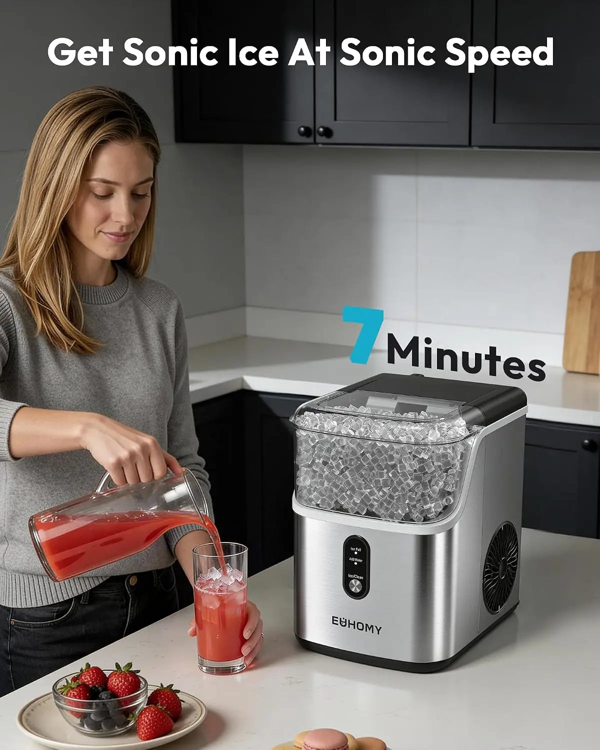 EUHOMY 35Lbs/24H Pebble Ice Maker, Ready in 7 Mins, Self-Cleaning, Stainless Steel