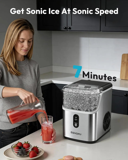 EUHOMY 35Lbs/24H Pebble Ice Maker, Ready in 7 Mins, Self-Cleaning, Stainless Steel