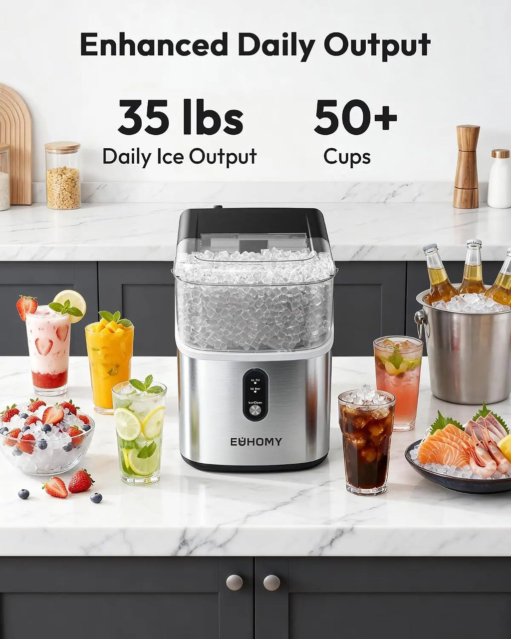 EUHOMY 35Lbs/24H Pebble Ice Maker, Ready in 7 Mins, Self-Cleaning, Stainless Steel